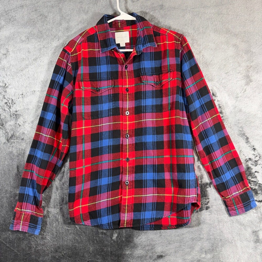 American Eagle Mens Small Red Blue Plaid Flannel Button Down Shirt Classic Fit